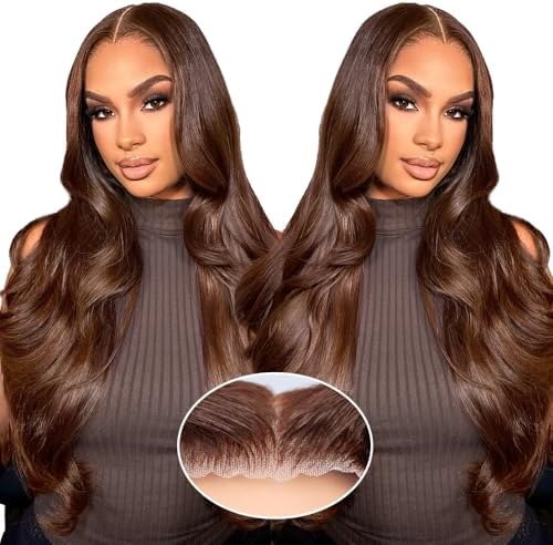 JKD 26 Inch Chocolate Brown Human Hair Wig 7x5 Glueless Wigs Pre Plucked Pre Cut 220% Density Dark Brown Lace Front Wig Human Hair With Baby Hair #4 Colored Body Wave Wigs For Women