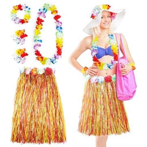 Aomig Disfraz Hawaiana Falda de Paja, 5 Pcs Set Hawaiano con Collar Pulsera Guirnalda Diadema Hawaiano, Falda Hawaiana Hierba para Mujer Adultos para Playa Fiestas Temáticas, Multicolor-60cm | Ya disponible en tu tienda friki favorita! En mundofriki.es!