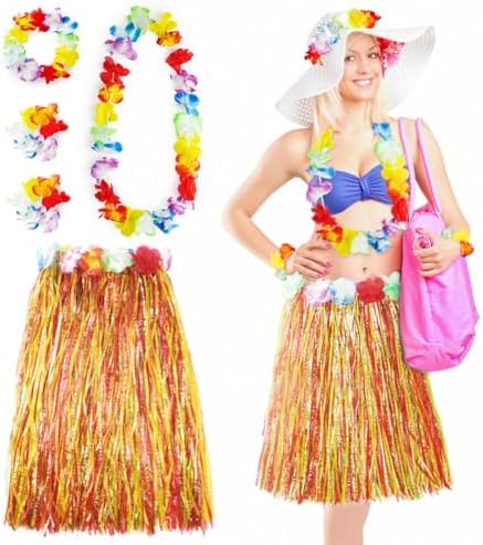 12 Pièces 60cm Hawaïenne Jupe En Herbe, Jupe Hawaienne Femme, Jupe D Herbe Hawa Enne En Plastique Upe Lastiques De F Te De Luau Avec Fleurs D Hibiscus Deguisement Fille Hawai Pour Hawa En Party