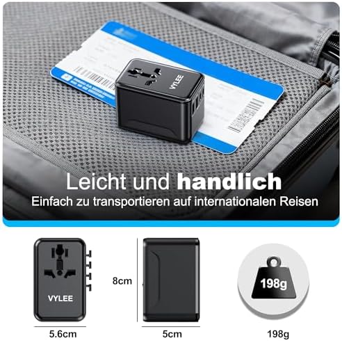 VYLEE Universal Travel Adapter, Type D/G/C/I/A International Plug Adaptor | 2 USB C 2 USB A, Worldwide Charger for Europe UK Maldives Sri Lanka India Nepal Ghana Zimbabwe Tanzania Nigeria (Black)