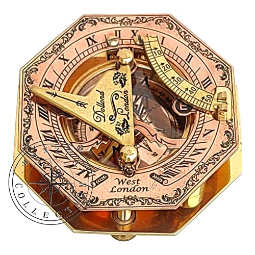 Hanzla Collection Brass & Copper Sundial Compass, Antique Sundial Clock, Sun Clock In Leather Box Ship Replica Gift Sun Watch #TOP6