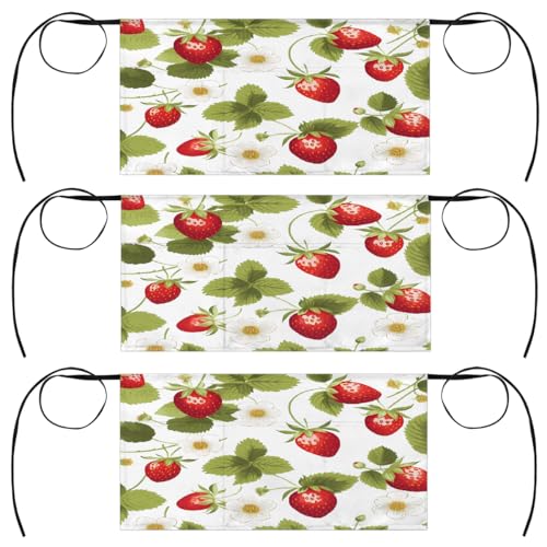 Dusviba Fruit Strawberry Flower 3 Pack Server Aprons with Pockets, Polyester Half Waist Aprons for Men & Women, Water-Resistant Waitress Aprons for Restaurant, Kitchen Bar Garden 23.6 x 12 In