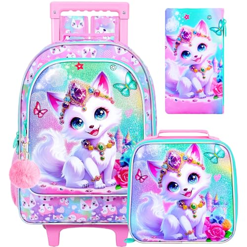 ZLYERT 3Pcs Rolling Backpack for Girls, Fox Kids School Backpacks with Wheels, Roller Bookbag with Lunch Box for Elementary Preschool(White)