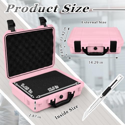 Image of Relaxweex 1 Pcs Waterproof Hard Case with DIY Customizable Foam Insert Portable Protective Case with Knife for Camera Drones Equipments Tools Test Instruments(Pink,14.3 x 11.4 x 4.5 Inch)