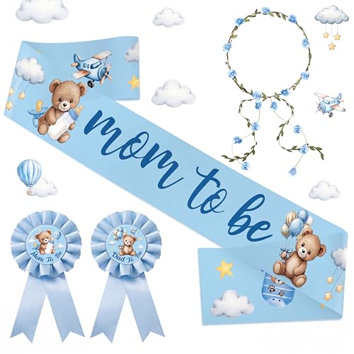 Ceenna Blue Bear Baby Shower Decorations Mom to Be Sash and Dad to Be Pin Flower Crown for Boys Baby Shower Gender Reveals We Can Bearly Wait Party Favors Pregnancy Props Gift