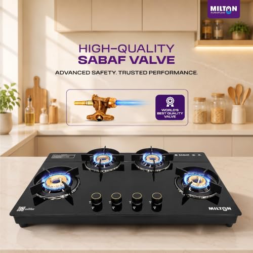 Image of Milton Magnus 4 Burner Gas Stove Hobtop | Built-In Hob with Auto Ignition | Italian SABAF Valves | 8mm Toughened Glass Top | 360 Nozzle | ISI Certified | 5 Years Glass Warranty