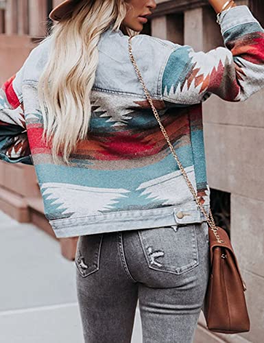 HangNiFang Aztec Denim Jacket Shacket for Women Button Down Vintage Distressed Blue Jean Jacket4