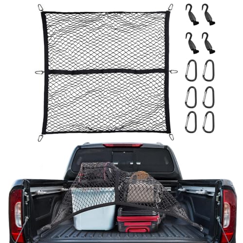 GreceYou Cargo Net for Pickup Truck Bed, 4' x 4' Stretches to 8'x8' Highly Elastic Truck Bed Cargo Net, with 6pcs Metal Carabiners, Compatible with Trailer, Ford, Chevrolet, Dodge (Single Layer)