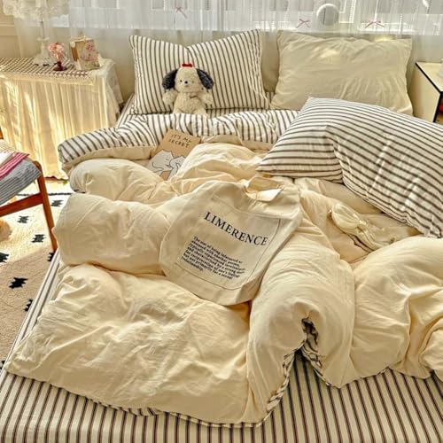 Image of Nayoroom Yellow Duvet Cover Queen Reversible Brown Striped Bedding Set
