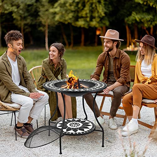 Outsunny 30" Outdoor Fire Pit & Ice Bucket & Side Table, Round Tile Tabletop, Steel Wood Burning Bowl, Spark Screen Lid For Patio, Backyard, Patio, Garden, Mosaic #TOP1