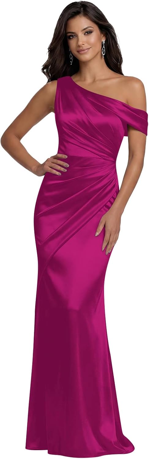 Satin Prom Dress Mermaid Long Formal Evening Gown One Shoulder Bridesmaid Dresses DW69