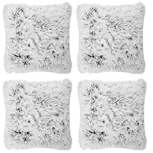 Adore 4 x Two Tone Long Pile Super Soft & Cuddly 17x17 (43x43cm) Cushion Cover (Charcoal & White)