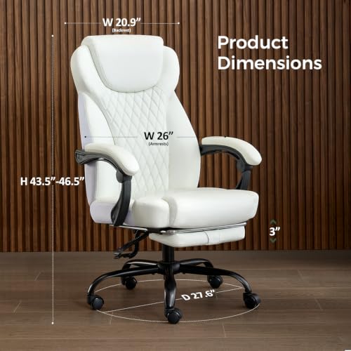 Image of amseatec Big and Tall Office Chair with Footrest, Lumbar Support, White | Ergonomic Leather High Back, Infinite Lock Reclining 90-135, 20 Spring Packs, 300lbs Capacity, Executive Desk Chair