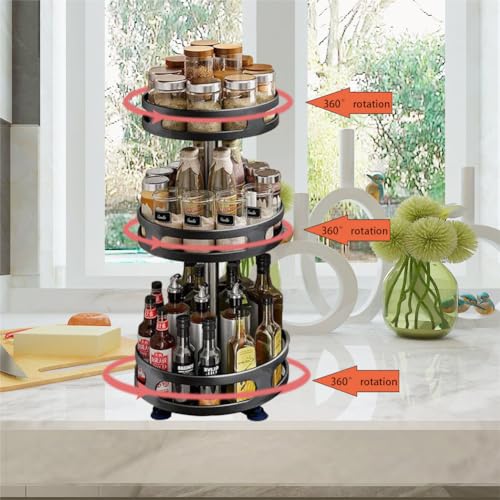 360° Rotating Storage Spice Rack Lazy Susan Cupboard Organizer, Height Adjustable Turntable Tier Spice Rack Countertop Organizer For Kitchen Pantry Cabinet -Black (3-Tier, Round)