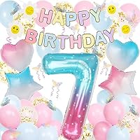 7th Birthday Decorations for Girls, Gradient Color 40 Inch Age 7 Foil Balloons with Happy Birthday Banner and Butterfly Stickers, for Baby Shower, Girls Boys Party Decorations