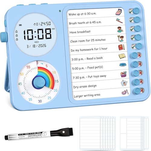 3-in-1 Visual Timer & ADHD Tool for Kids – ADHD Task Timer for Adults with Visual Schedule, Chore Chart & Planning Board for Home, School, Classroom, Work (Blue)