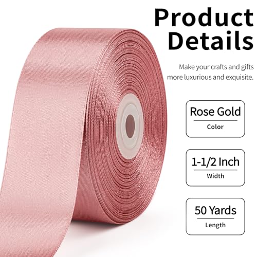 Image of Mauproy 1-1 /2 Inch Wide Rose Gold Satin Ribbon, 50 Yards Solid Polyester Fabric Ribbon for Roses Making, Gift Wrapping, Flower Bouquets, Wedding Decorations, Handmade Crafts