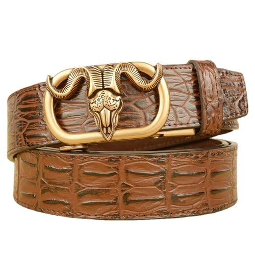 Unisex Ratchet Belt With Crocodile Pattern, Western Carved Sheep Bull Head Auto Buckle, 1.5