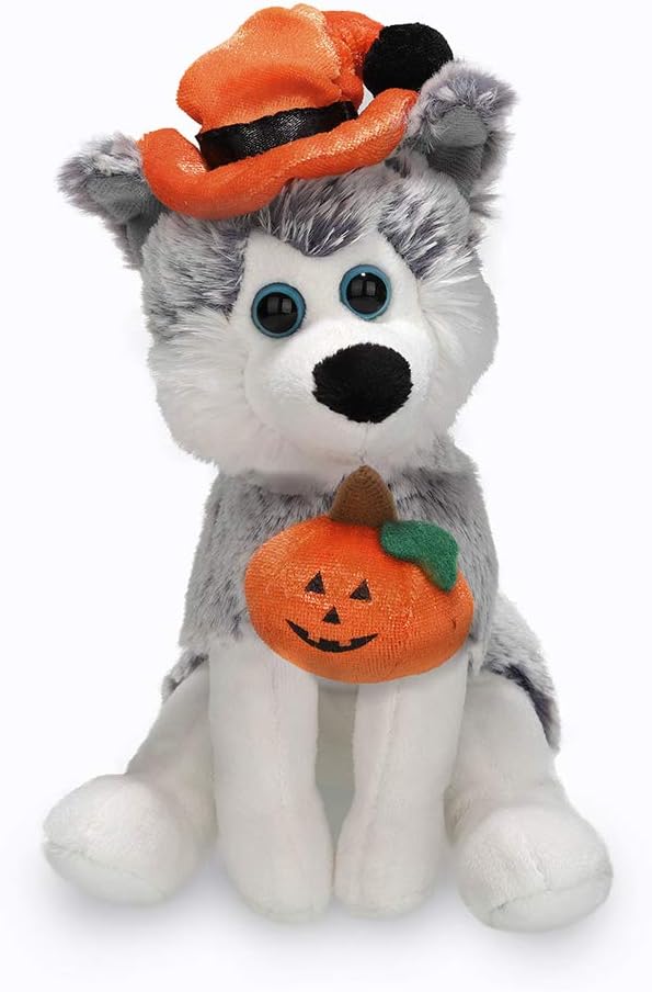 Plushland Halloween Pawpals 8 inches Puppy Dog Plush Stuffed Toy Comes with Hat and Halloween Jack O Lantern - Pumpkin for Kids on This Holiday (Husky)