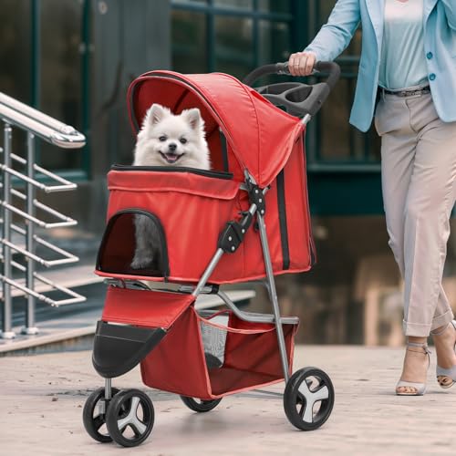 Image of Magshion 3-Wheel Pet Stroller, Foldable Travel Jogger for Small & Medium Dogs & Cats (Up to 33lbs), Lightweight Carrier with Breathable Mesh Cover, Cup Holder & Storage Basket, Red