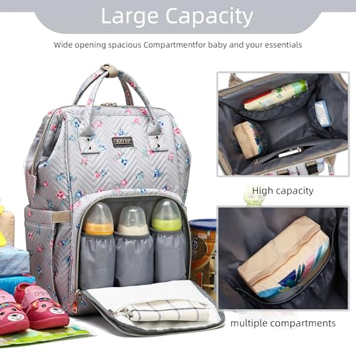 Image of GAIVP Diaper Bag Backpack, Diaper Bags for Baby Girls Boys, Baby Bags for Moms Dads, Nappy Changing Bag with Insulated Pockets,Multi-functional Waterproof Backpack with Stroller straps-Grey Flowers