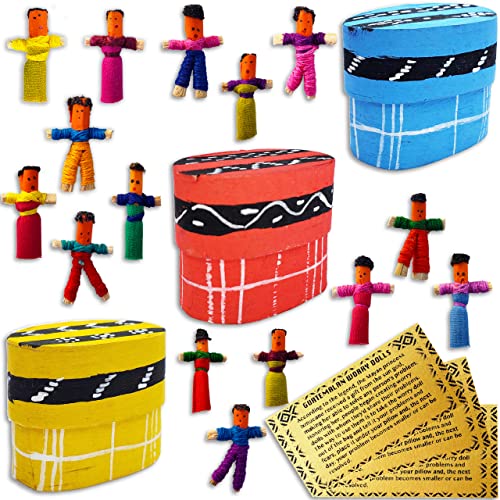 52 3 Boxes with Worry Dolls from Guatemala 6 Super Cute Little Trouble Dolls Inside Each Box - Worry People - Mayan Dolls - Anxiety - (1 in) (3 Boxes)
