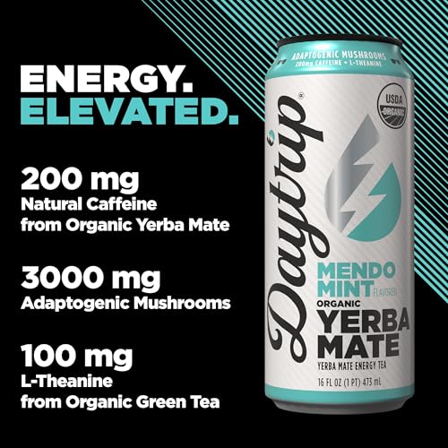 Image of Daytrip Organic Yerba Mate Energy Drink- Clean, Plant Based Caffeine (200mg) with Adaptogenic Mushrooms and Green Tea for Focus and Brain Fog - Low Calorie, Low Sugar (12 Pack Case)