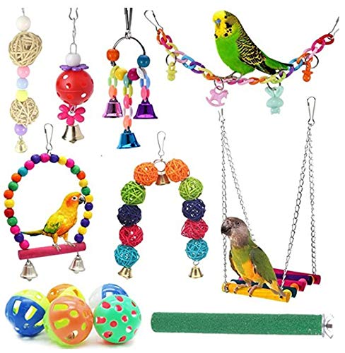 N / A 12 Pcs Bird Swing Chewing Toys, Parrot Hanging Cage Hammock Bell Swing Ladder Chewing Toys for Small Parakeet, Conure, Cockatiel, Mynah, Macaws and Love Birds