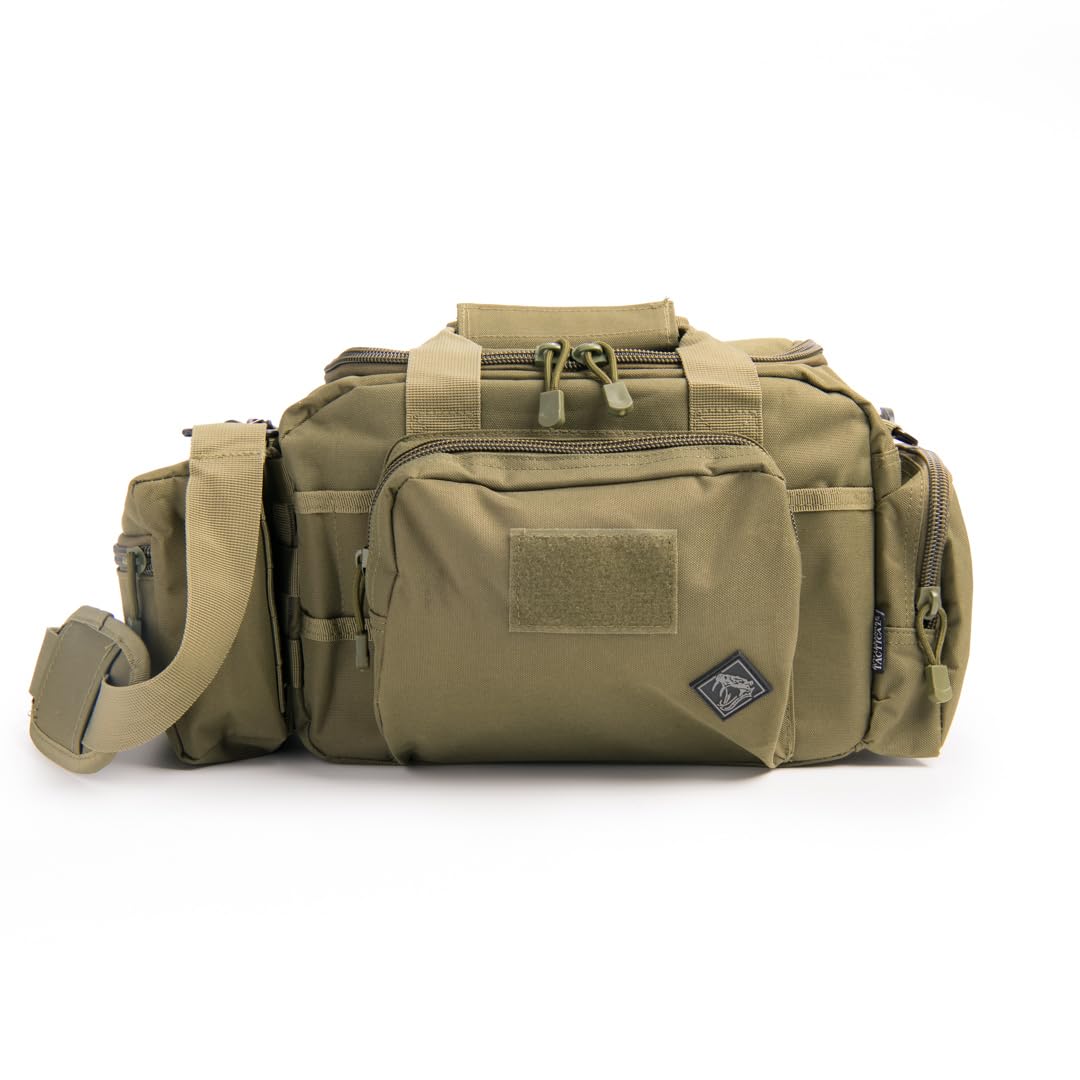 Rattlesnake Tactical Medium Range Bag with Pistol Retention System, Green, Padded Main Compartment, Two Mesh Pockets, Shoulder Strap, and MOLLE