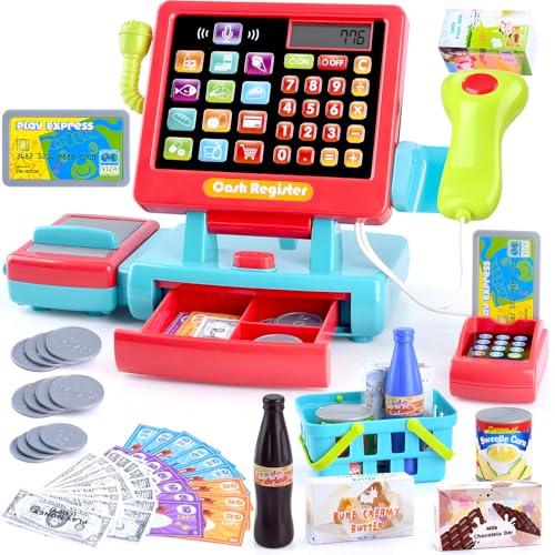 PLAY Kids Cash Register Toy Supermarket with Register Pretend Play Calculator Register Toys with Scanner/Microphone/Credit Card/Conveyors/Cans/Drink/Play Money, Cash Register for Kids Ages 3+