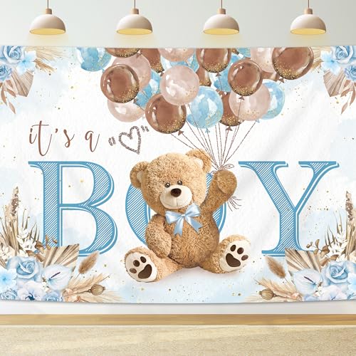 Imirell Telón de fondo para baby shower de oso para niños de 7 pulgadas de ancho x 5 pulgadas de alto, con texto en inglés "It's a Boy" Boho Pampass Lovely Cute Brown Blue Balloons Cartoon Polyester