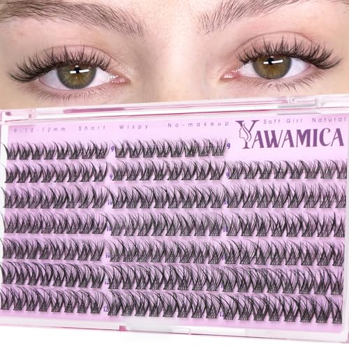 Yawamica Short Natural Lash Clusters 9-10-12mm, Soft Wispy Cluster Lash Extensions, CC Curl Eyelash Clusters with Super Thin Band, Beginner-Friendly DIY Lashes for Natural Cat Eye & Doll Eye Look