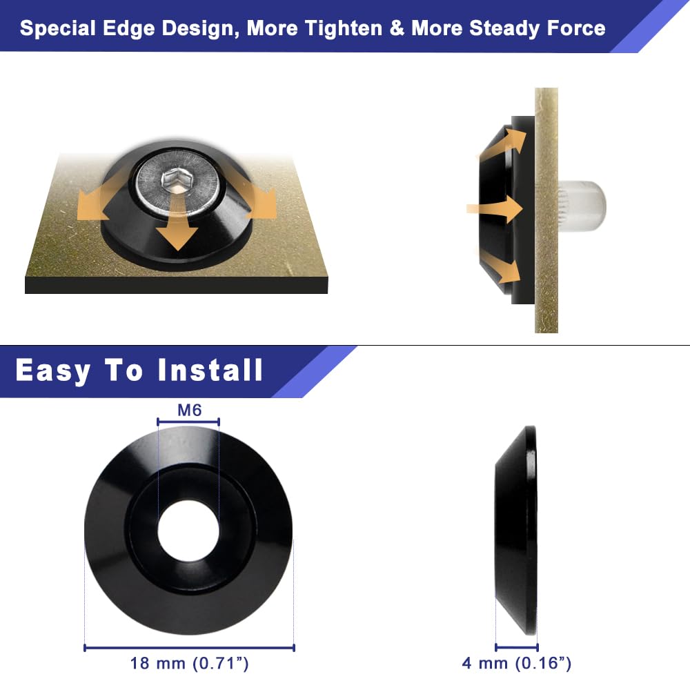 Anodized Aluminum Washer Hardware Kit Compatible with Widebody and Fender Flare Installation, 48-Piece M6 x 18mm Black Cone Washer Kit