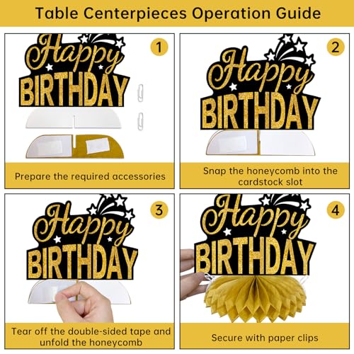 Image of Kuxriox 11Pcs Happy Birthday Decorations Kit for Men Women, Black Gold Happy Birthday Banner, Older Wiser Hotter Glitter Banner Party Supplies, Bday Decor Centerpieces Swirls Table Topper Sign