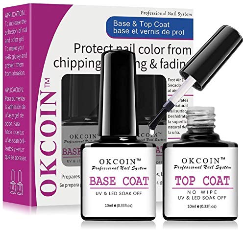 OKCOIN Gel Base and Top Coat, No Wipe Gel Top Coat Base Coat Set Soak Off UV/LED Cured Base Top Gel Nail Polish New Upgraded Formula Long-Lasting Gloss (2 x 10ml)