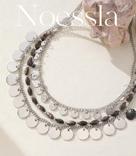 Noessla Boho Silver Charm Necklace for Women Layered Beade Pendant Necklace with Disc Charms Trendy Costume Jewelry for Beach Party2