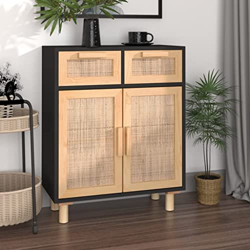 Aparador de madera maciza de pino y ratán natural, color negro, 60 x 30 x 75 cm, juego de muebles con armarios y almacenamiento