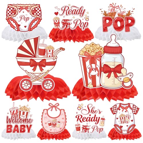 Image of Ready to Soda Pop Decorations - 9 Pcs She's Ready to Soda Pop Baby Shower Honeycomb Centerpieces Decorations, Red and White Decor Supplies for Gender Reveal Baby Shower