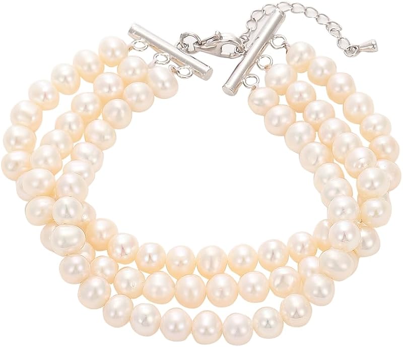 AAA+ Quality Natural Freshwater Pearl Bracelet for Women | 6.5-7mm Round White Pearls with 925 Sterling Silver Lobster Buckle