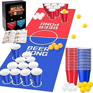 Chennyfun Beer Pong Table Mat Set, Fun Adult Drinking Game, 1 Beer Pong Table Mat180x60cm+ 50 Party Plastic Cups +10 Beer Pong Balls + 1 Rule Booklet, Table Games for Party Festivals Tournaments BBQ