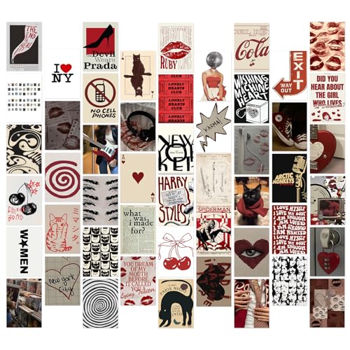Aroutde Downtown Girl Room Decor 50 Pcs Coquette Y2K Posters Girls Aesthetic Collage Kit Vintage Red Black Rock Music Prints for Teen Girls Bedroom Dorm Apartment (4x6 Inch)