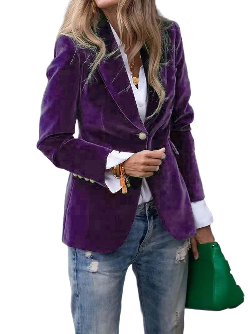 Velvet Blazer Women Lapel V Neck Button Up Casual Velvet Suit Jackets Solid Slim Fit Work Outfits for
