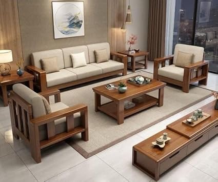 PS DECOR Sheesham Wood 5 Seater Sofa Set for Living Room Wooden Sofa Set for Living Room Furniture 3+1+1 Natural Teak Finish