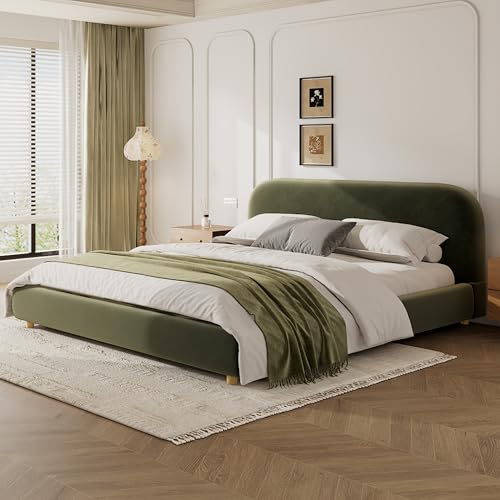 Merax King Size Teddy Fleece Thick Fabric Upholstered Platform Bed with Curved Shaped Headboard, Wood Bed Frame with Solid Round Legs for Kids Teens Adults, Olive Green