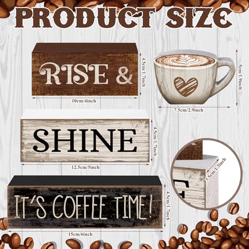 Image of Moucuny 4 Pcs Farmhouse Coffee Bar Sign Decor Wooden Cup Rise & Shine It's Coffee Time Rustic Wood Cafe Sign Gift for Home Kitchen Tabletop Decor