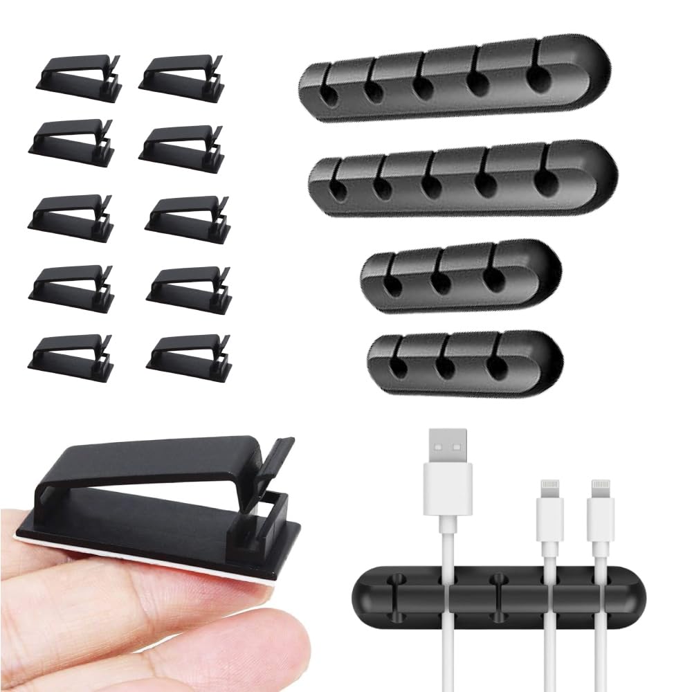 UTENSILIFY Organizador Cables,Pack 4 Organizador de Cables Escritorio + 10 Sujeta Cables Adhesivo,Organizador Cables Escritorio,Clips Sujeta Cables Autoadhesivo(Escritorio,Mesa de Noche,Coche..)