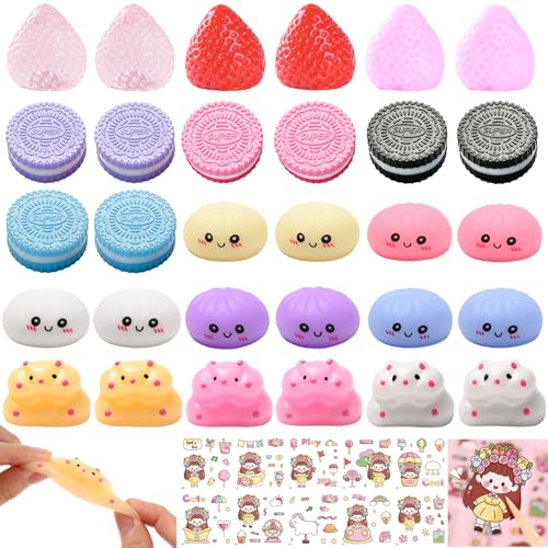 30pcs Taba Squishy Toys Kit Mini Kawaii Squishy Stress Relief Fidget Toys for Party Favors Birthday Gifts Include Cookies Hamster Strawberry Toys & 20 Sheets Stickers