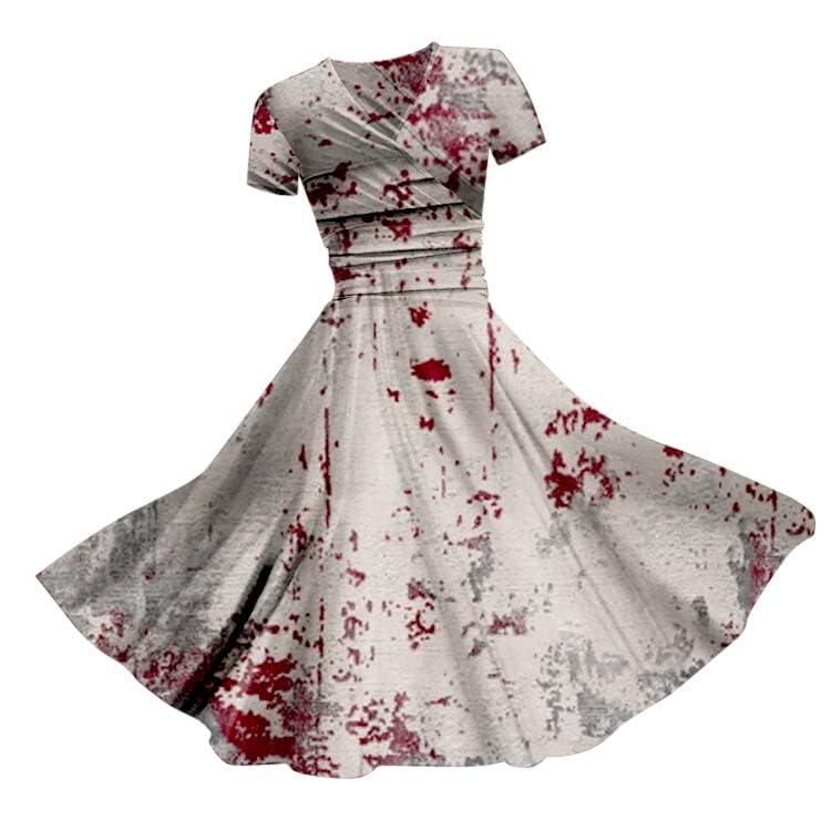 HUIFUAO Halloween Dresses for Women Scary Bloody Fancy Dress Plus Size Halloween Costumes V Neck Short Sleeve Party Evening Horror Festival Cosplay Outfits Clothes (Z04-White, A)