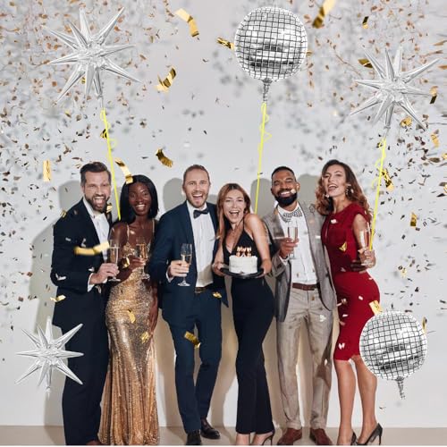 Image of Disco Ball Balloons, 7 PCS Foil Mylar Balloon Set, 22 Inch Silver 4D Disco Balloon with Explosion Star Balloon for 70s 80s 90s Bachelorette Birthday Party Anniversary Wedding New Year Graduation Decor