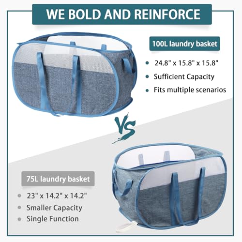 Image of 100L Collapsible Laundry Baskets, Tear Proof Pop Up Laundry Hamper with Dual Handles, Large Foldable Laundry Basket, Easy to Carry Laundry Hamper for Home, Laundry Room, Bedroom, Dorm, Travel Blue
